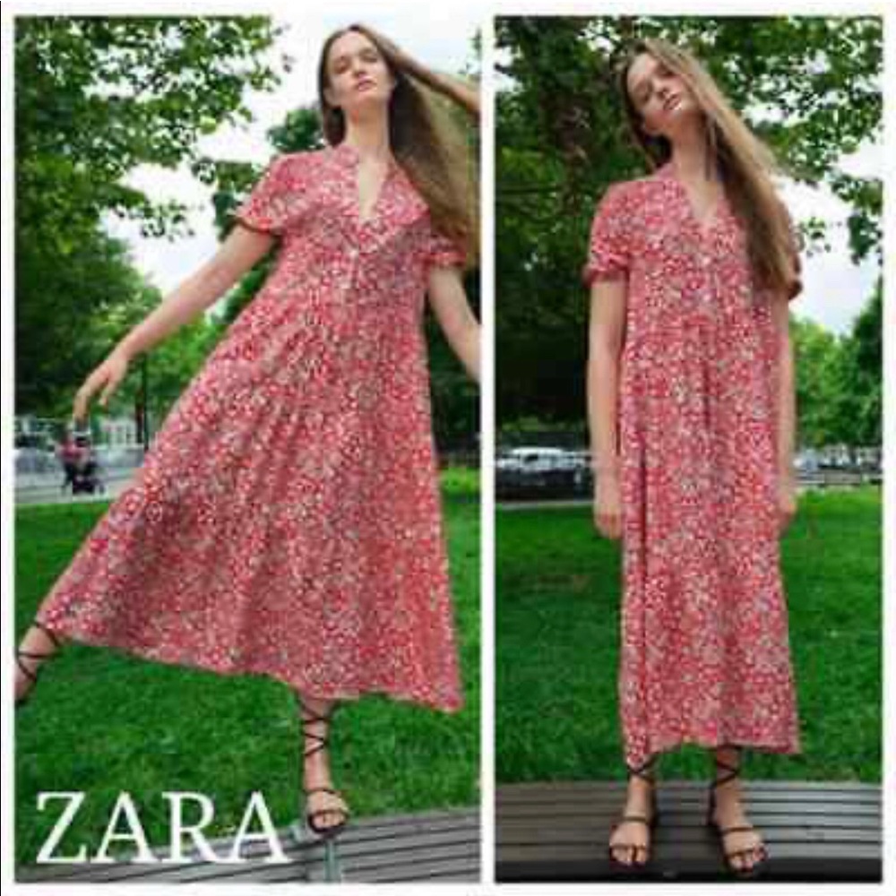 LAST NWT ZARA white/red FLORAL PRINT MIDI DRESS